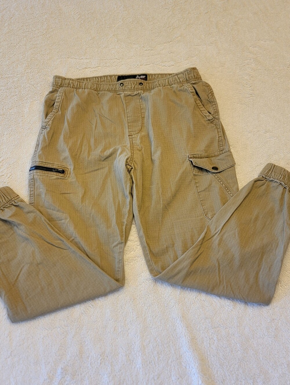 Plugg Men's Cargo Jogger Pants Kahaki/Tan Elastic Waist Multi-Pocket Mens Medium